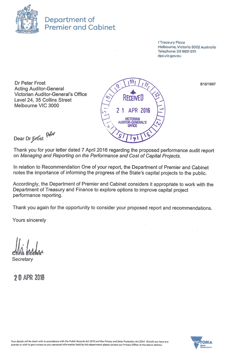 RESPONSE provided by the Secretary, Department of Premier & Cabinet