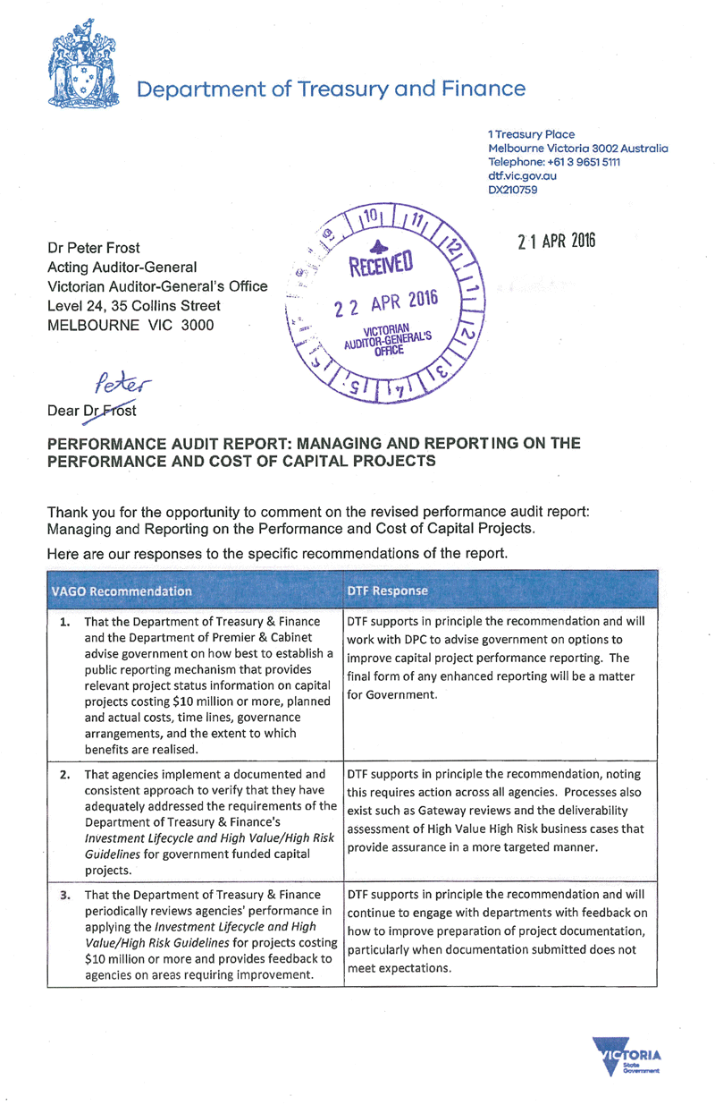 RESPONSE provided by the Secretary,
Department of Treasury & Finance