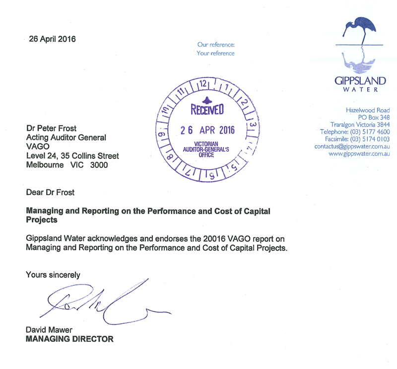 RESPONSE provided by the Managing
Director, Gippsland Water