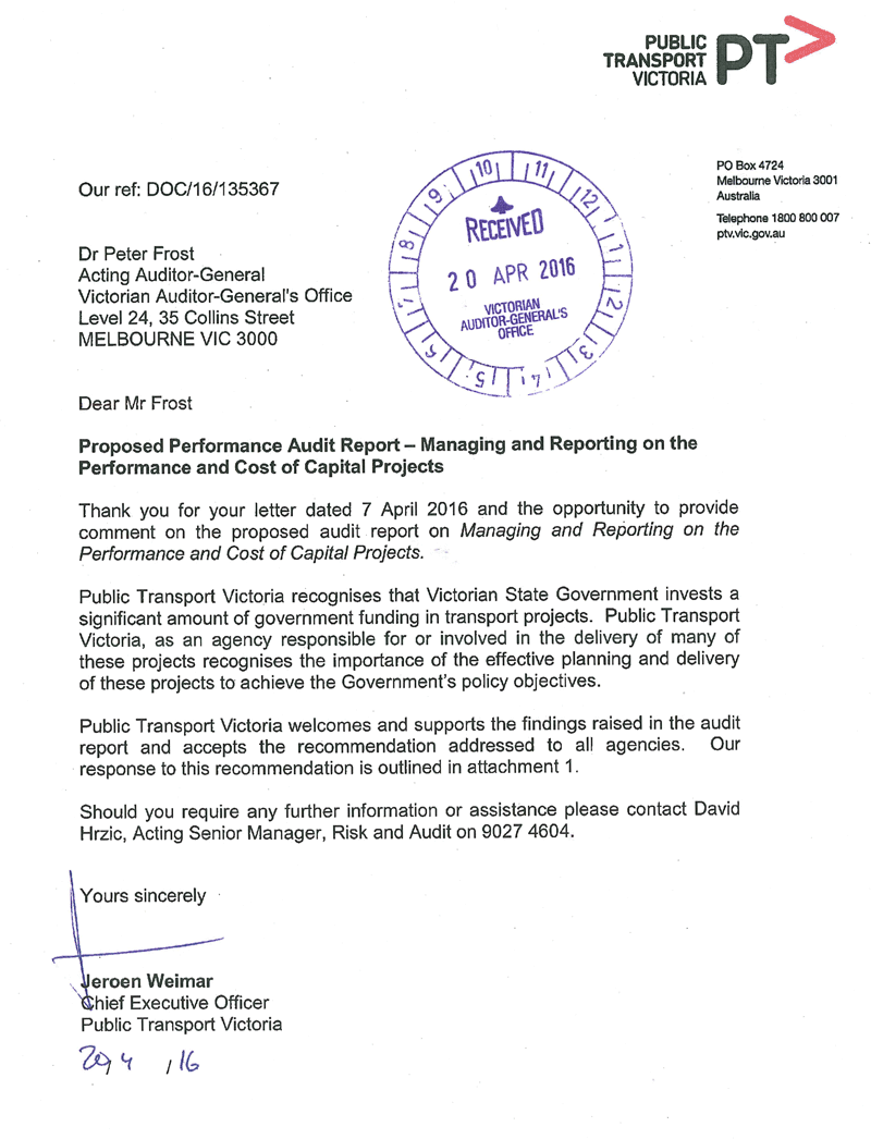 RESPONSE provided by the Chief
Executive Officer, Public Transport Victoria