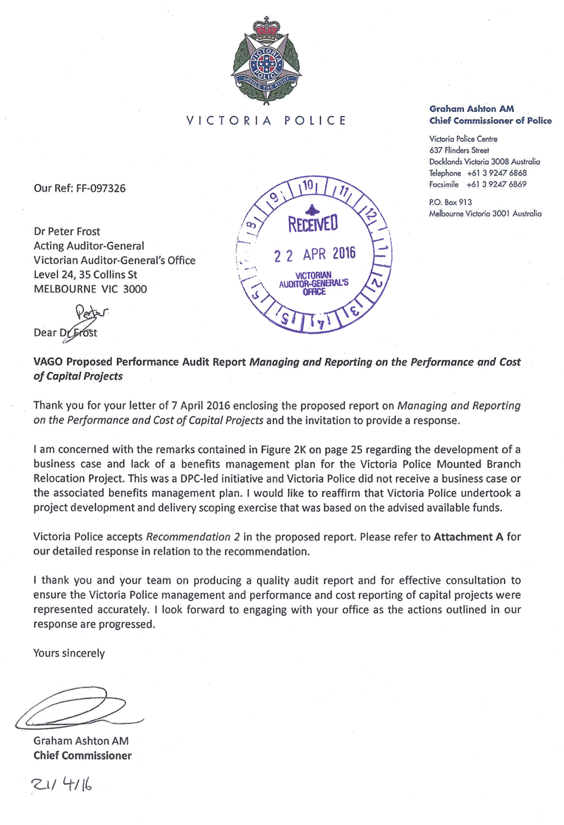 RESPONSE provided by the Chief Commissioner,
Victoria Police