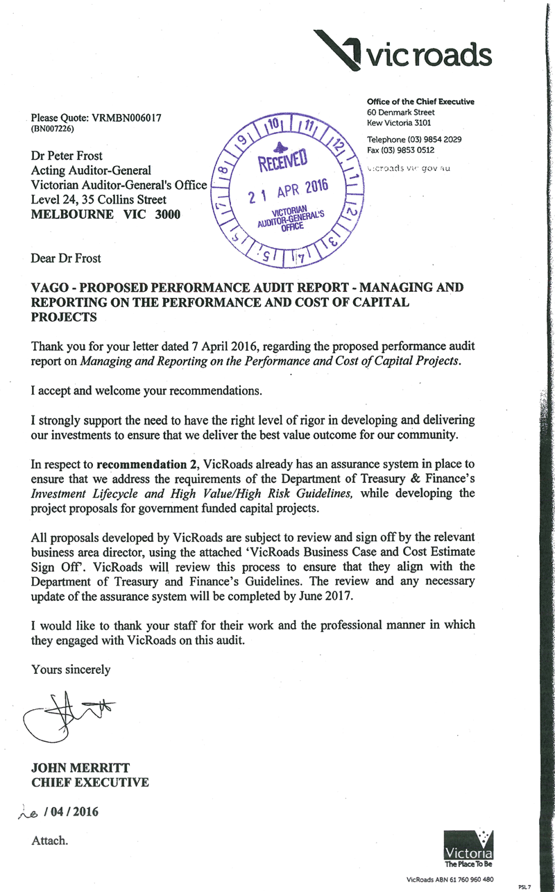 RESPONSE provided by the Chief Executive, VicRoads