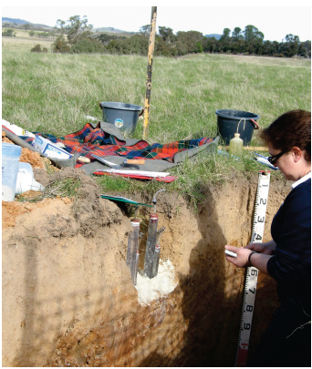 Photo shows a lady measuring water movement in soil in a field. Photo supplied by the Department of Economic Development, Jobs, Transport & Resources.