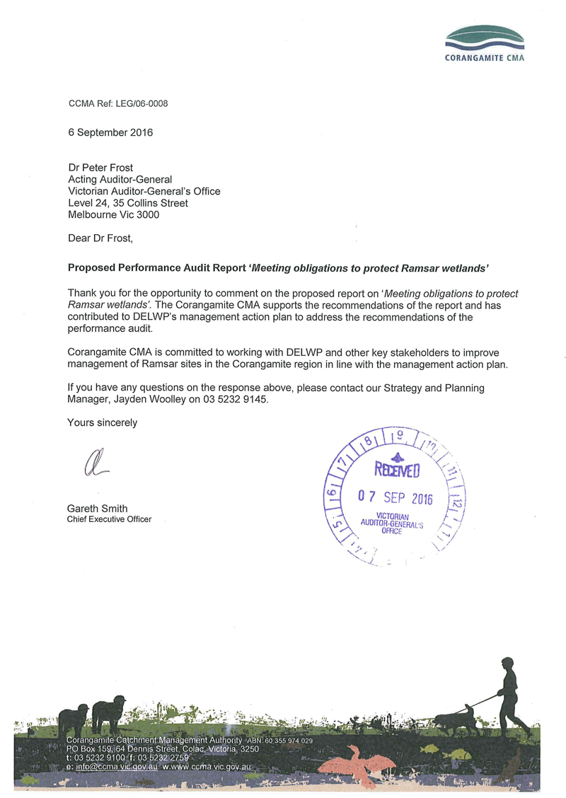 RESPONSE provided by the Chief Executive Officer, Corangamite Catchment Management Authority