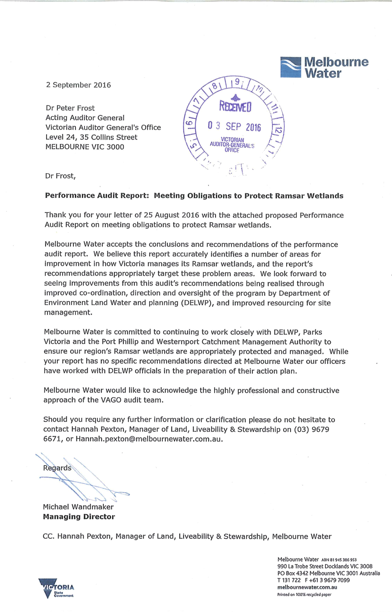 RESPONSE provided by the Managing Director, Melbourne Wateg