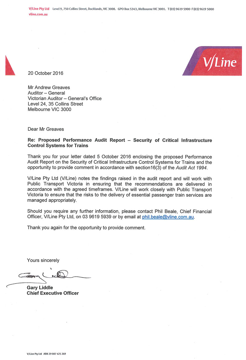 RESPONSE provided by the Chief Executive Officer, V/Line Proprietary Limited