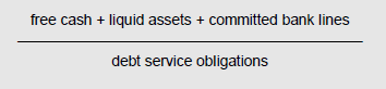 Image showing equation free cash + liquid assets + committed bank lines divided by debt service obligations.