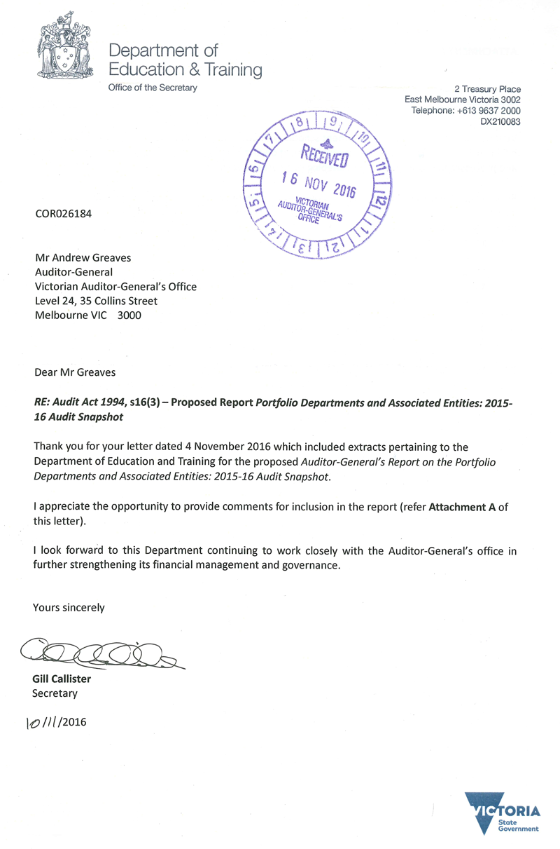 RESPONSE provided by the
Secretary, Department of Education & Training