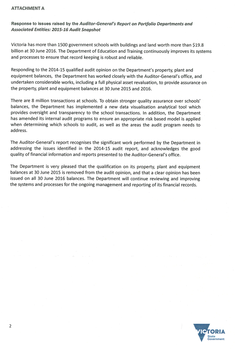 RESPONSE provided by the
Secretary, Department of Education & Training – continued