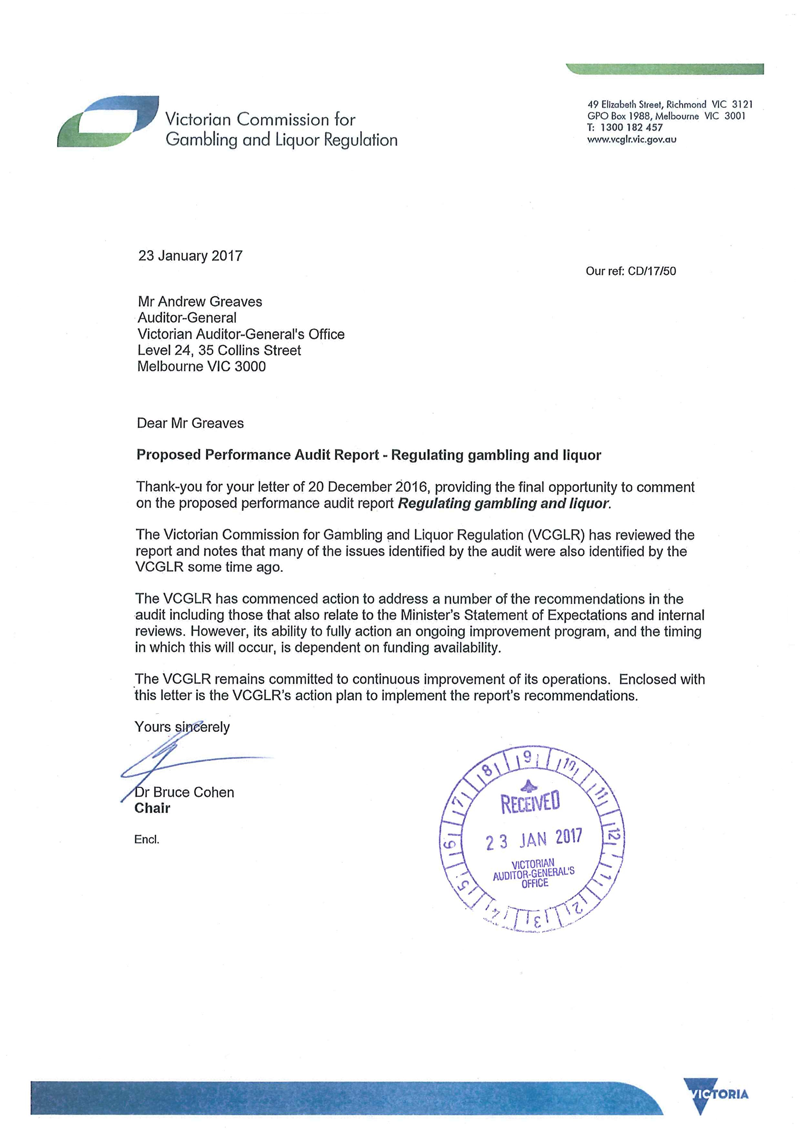 RESPONSE provided by the Chair, Victorian Commission for Gambling and Liquor Regulation