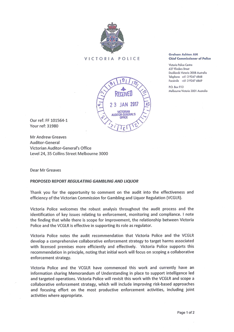 RESPONSE provided by the Chief Commissioner, Victoria Police