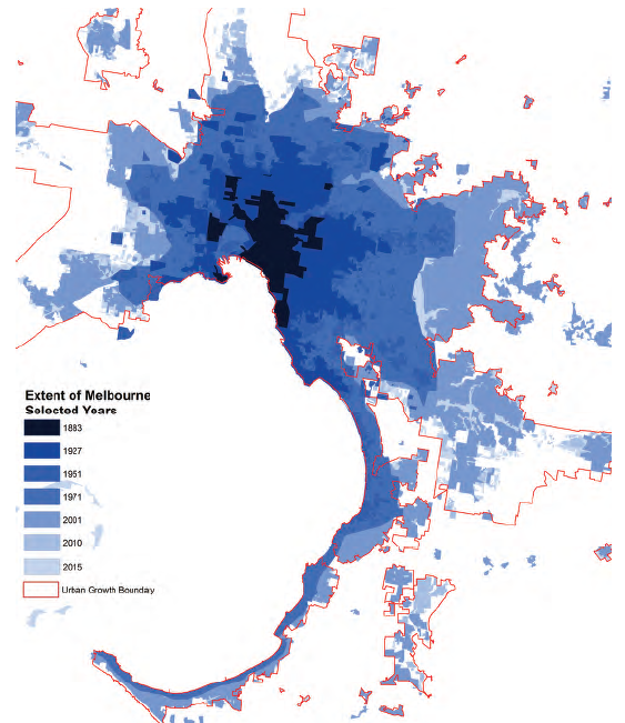 Figure 1B shows Melbourne's expansion, 1883 to 2015