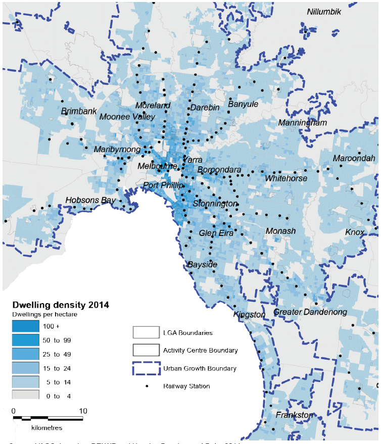 Figure 5E shows housing density in Melbourne, 2014, relative to train lines and activity
centres