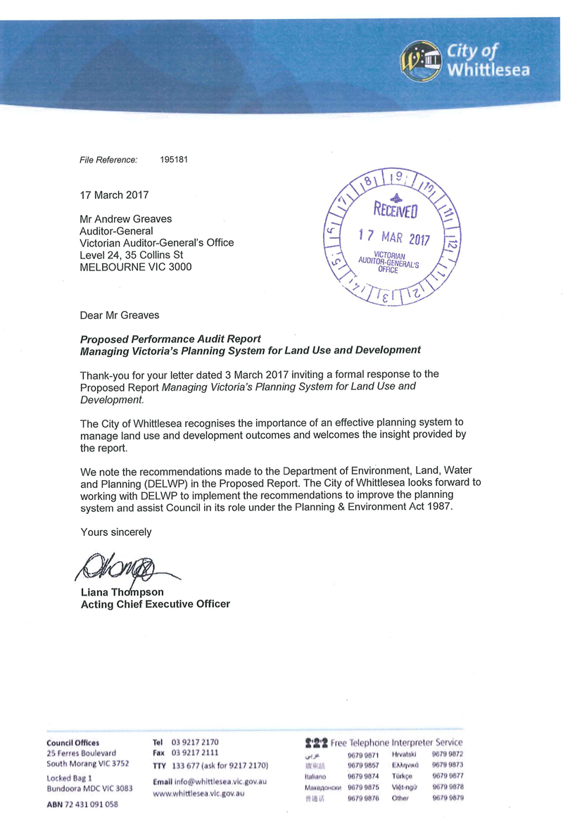 RESPONSE provided by Chief Executive Officer, City of Whittlesea