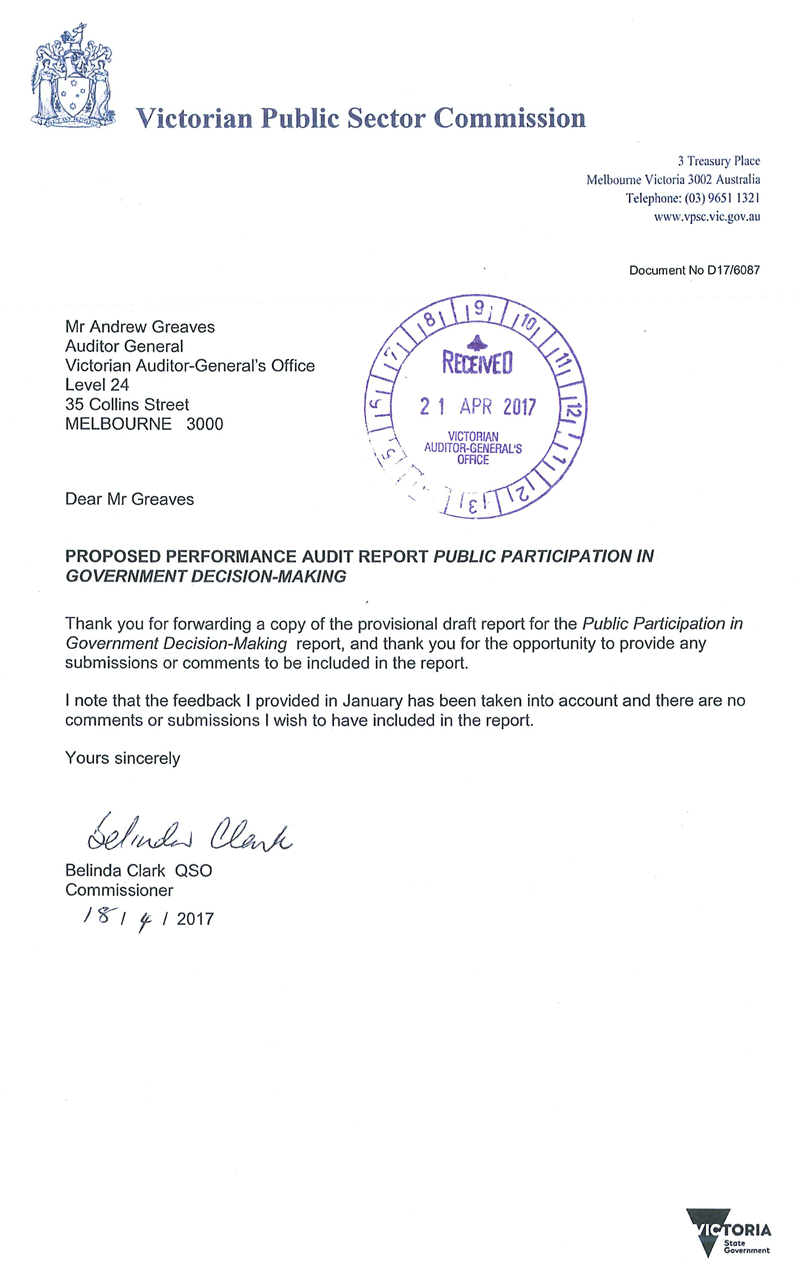 RESPONSE provided by the Commissioner, Victorian Public Sector Commission