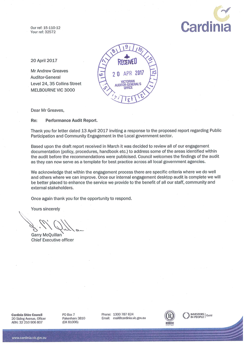 RESPONSE provided by the Chief Executive Officer, Cardinia Shire Council