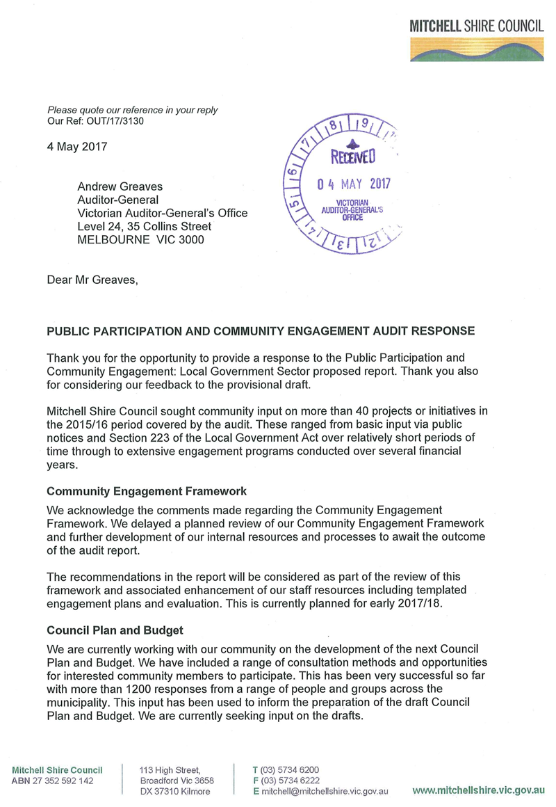 RESPONSE provided by the Chief Executive Officer, Mitchell Shire Council