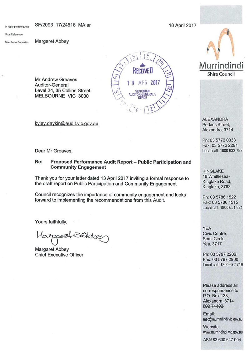 RESPONSE provided by the Chief Executive Officer, Murrindindi Shire Council