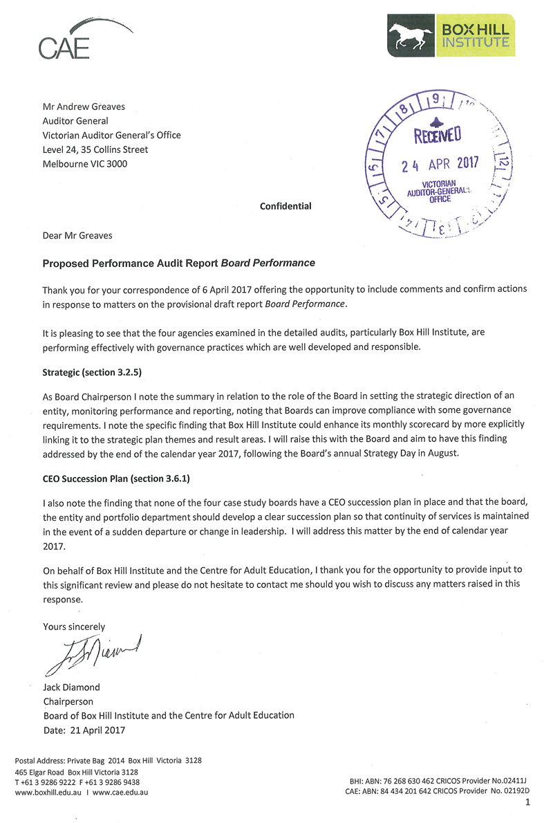 RESPONSE provided by the Chairperson, Box Hill Institute and Centre for Adult Education
