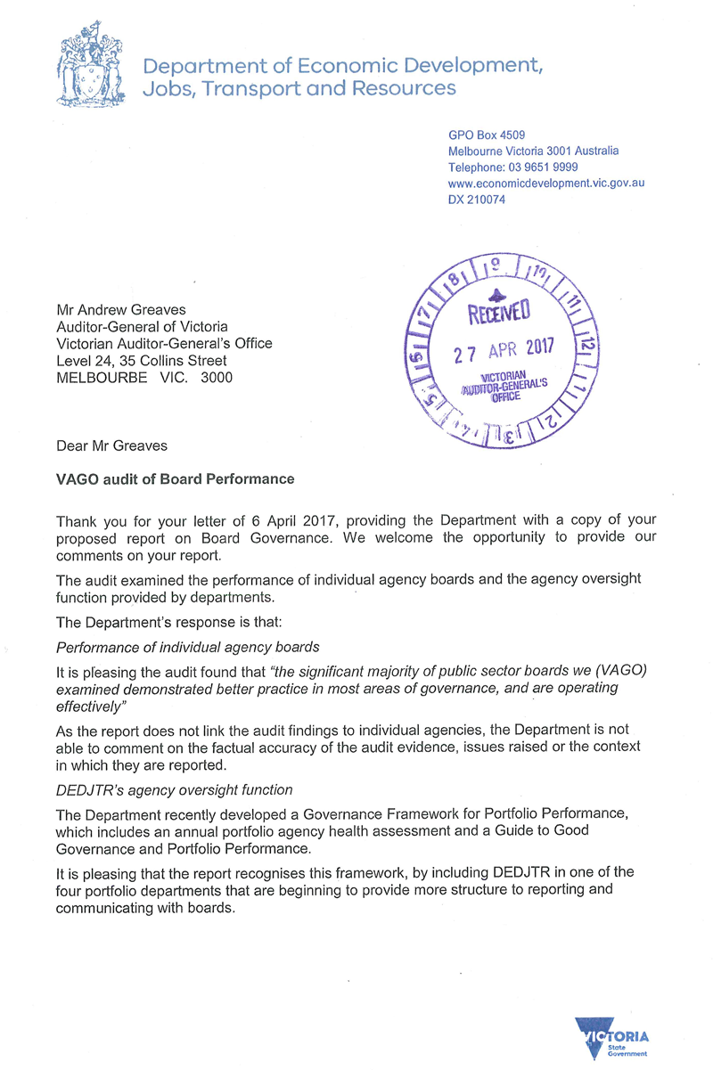 RESPONSE provided the Secretary, Department of Economic Development, Jobs, Transport and Resources
