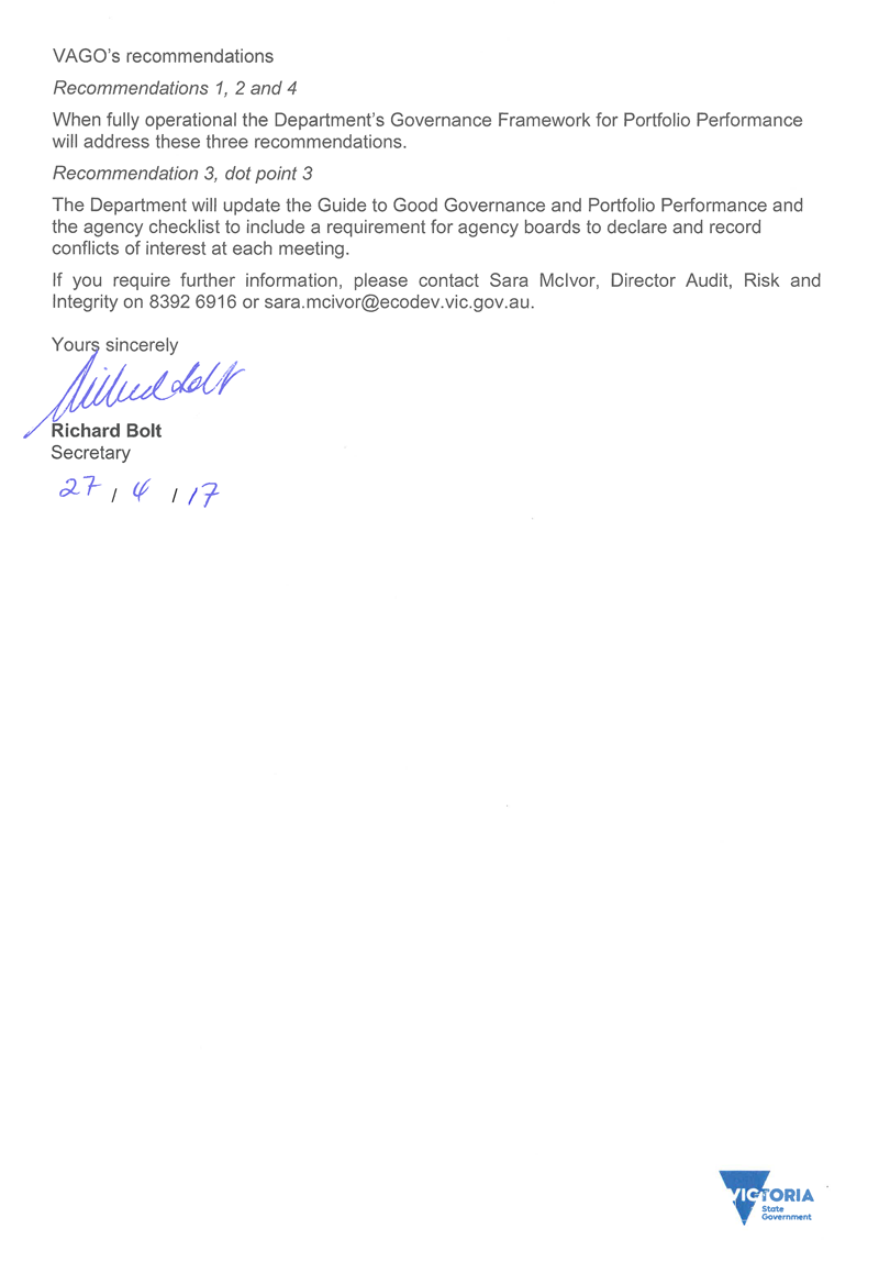 RESPONSE provided the Secretary, Department of Economic Development, Jobs, Transport and Resources