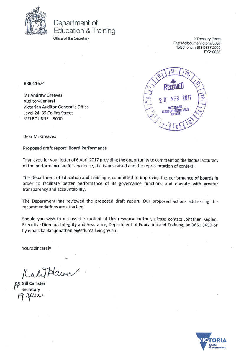 RESPONSE provided by the Secretary, Department of Education and Training
