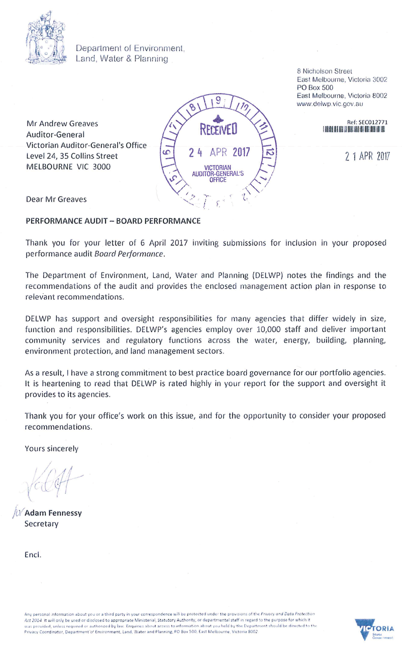 RESPONSE provided the Secretary, Department of Environment, Land, Water and Planning
