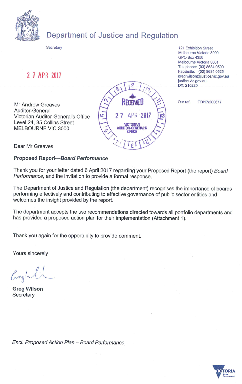 RESPONSE provided by Secretary, Department of Justice and Regulation