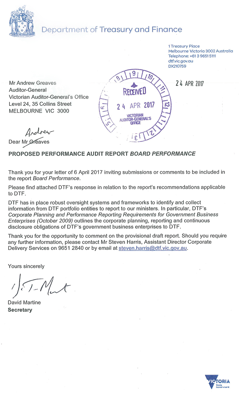 RESPONSE provided by Secretary, Department of Treasury and Finance