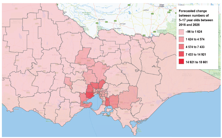 Forecast change in numbers of school-aged children (5–17 years old) in Victoria, 2016–26
