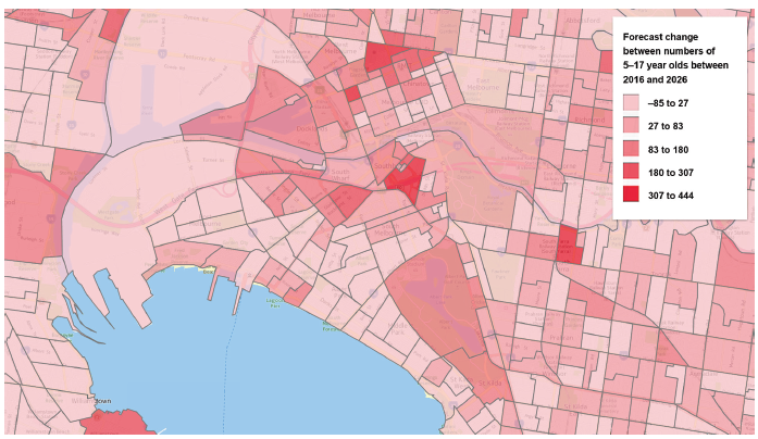 Forecast change in numbers of school-aged children (5–17 years old), by small demographic planning units of Melbourne, 2016–26