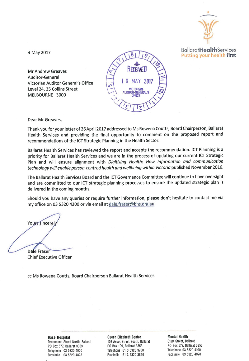 RESPONSE provided by the Chief Executive Officer, Ballarat Health Services