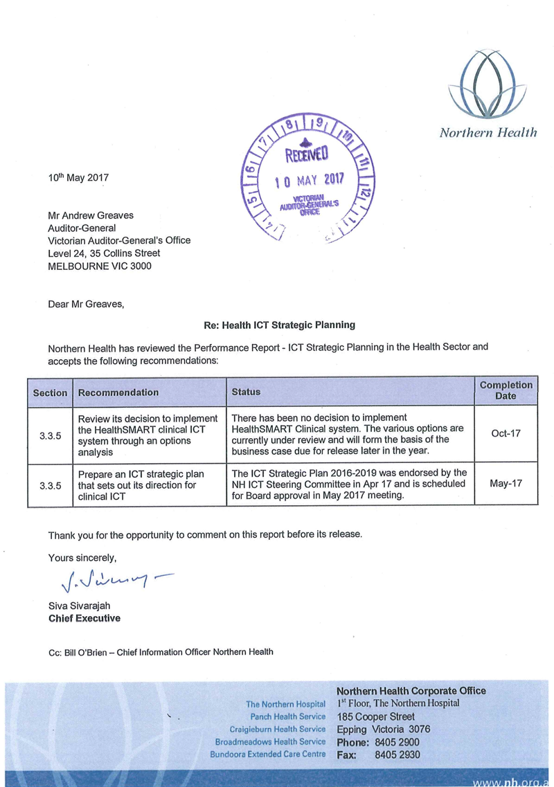 RESPONSE provided by the Chief Executive, Northern Health