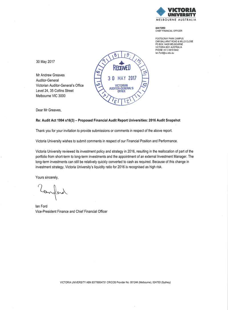 RESPONSE provided by the Vice-President Finance and Chief Financial Officer, Victoria University