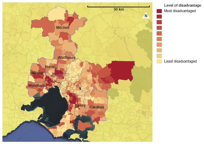 Heat map showing the geographic distribution of relative advantage and disadvantage based on the socio-economic indexes for areas (SEIFA) for metropolitan Melbourne and growth areas