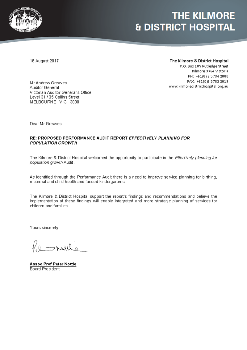 Response provided by the Board President, The Kilmore & District Hospital