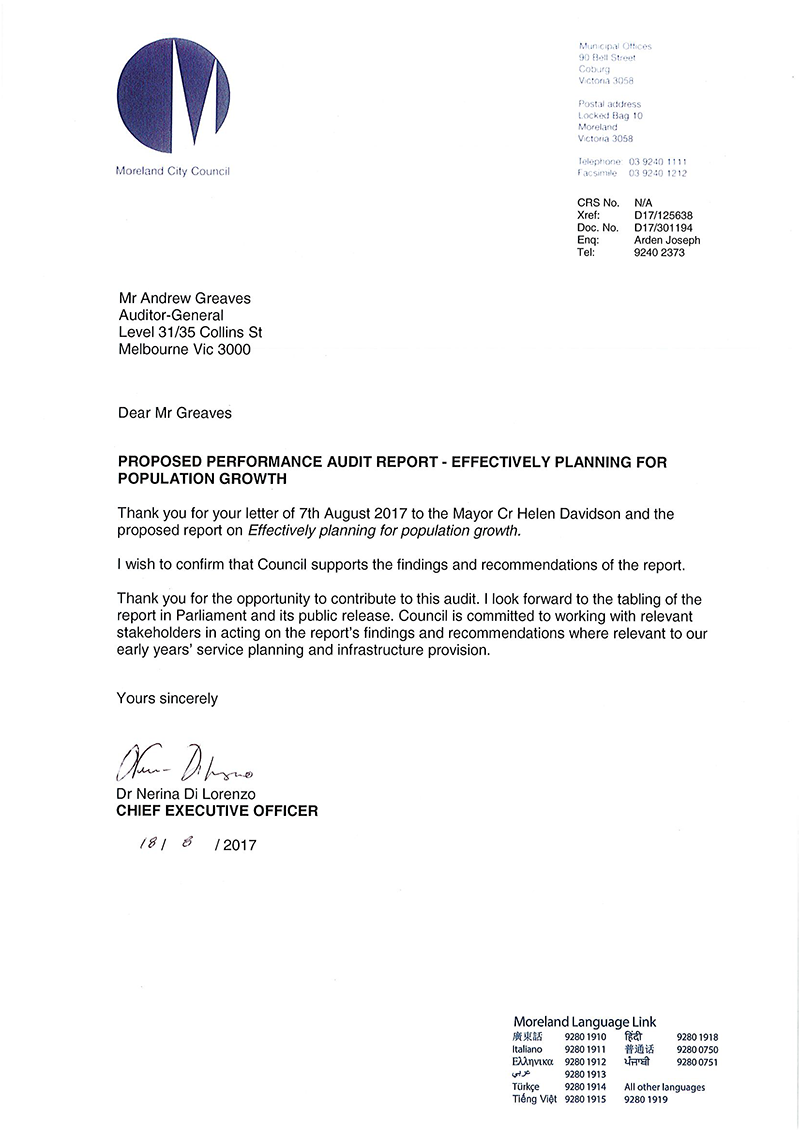Response provided by the Chief Executive Officer, Moreland City Council