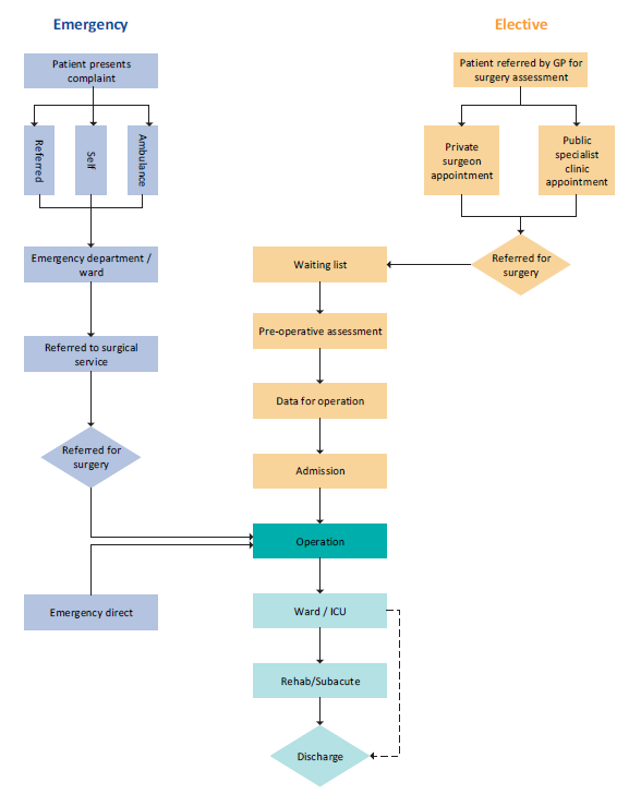 This figure shows the paths patients take through a health service, depending on whether they need elective or emergency surgery.