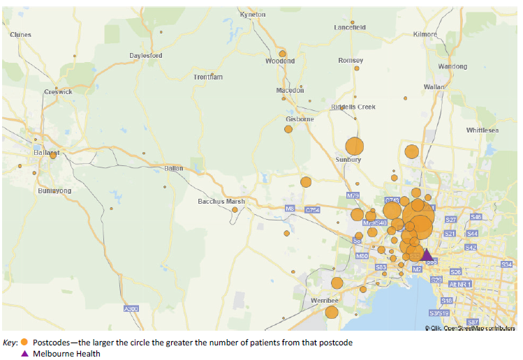 This figure shows elective orthopaedic surgery delivered by Melbourne Health for patients from Melbourne's north west, 1 July 2014 to 30 June 2016