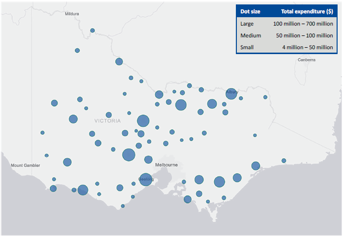 Map showing the location and expenditure of Victoria's regional and rural public hospitals, 2016–17 