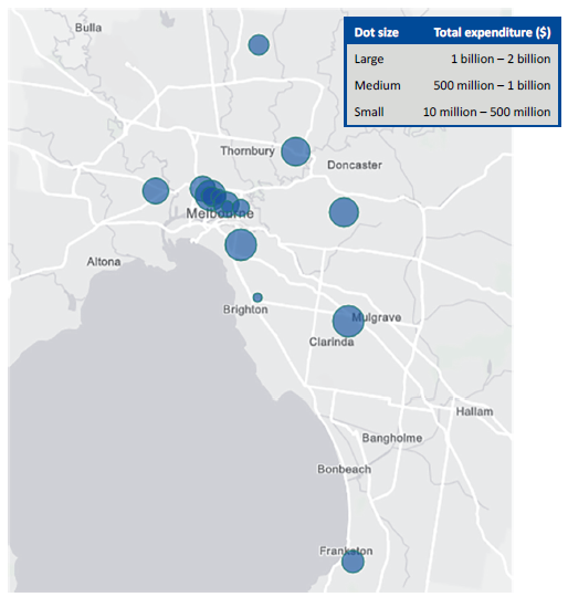 Map showing the location and expenditure of Victoria's metropolitan public hospitals, 2016–17