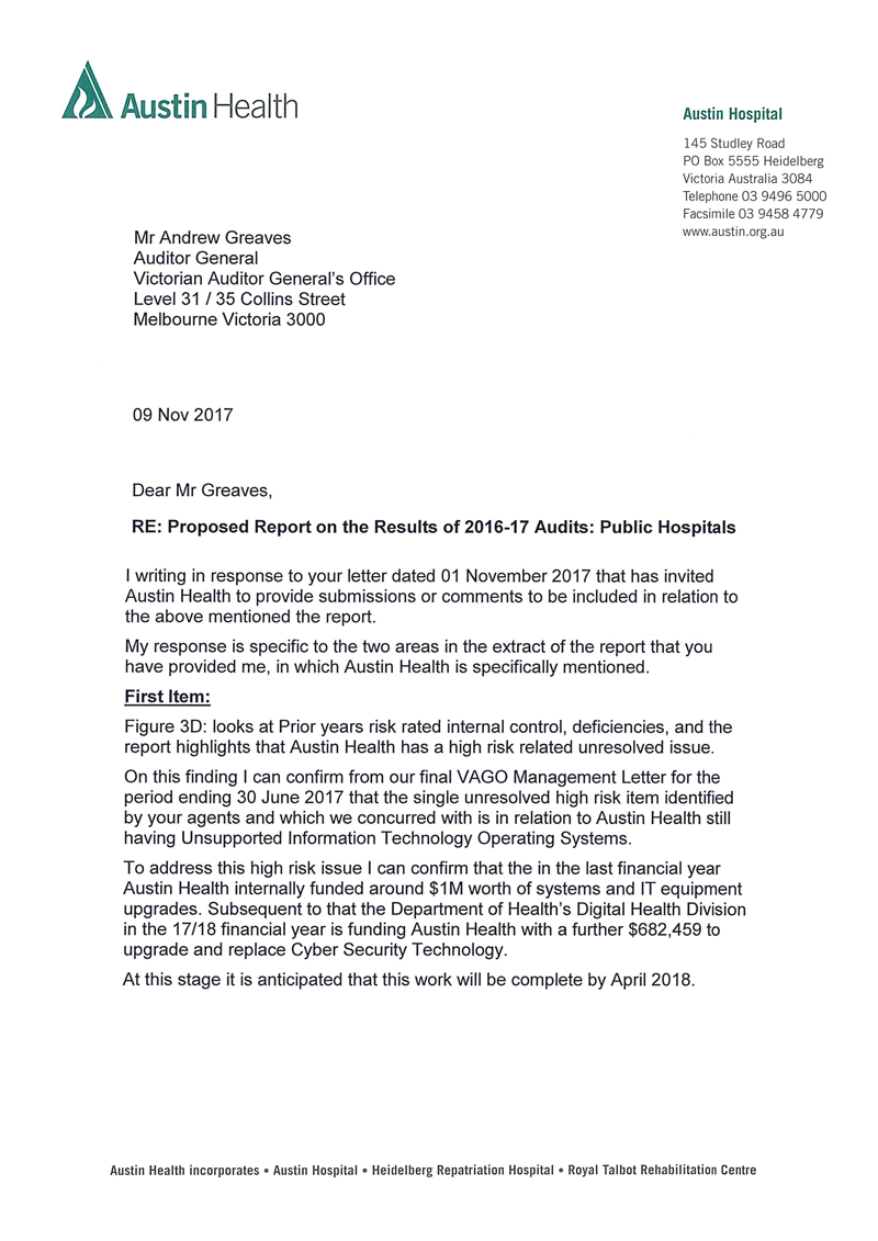 RESPONSE provided by the Chief Executive Officer, Austin Health