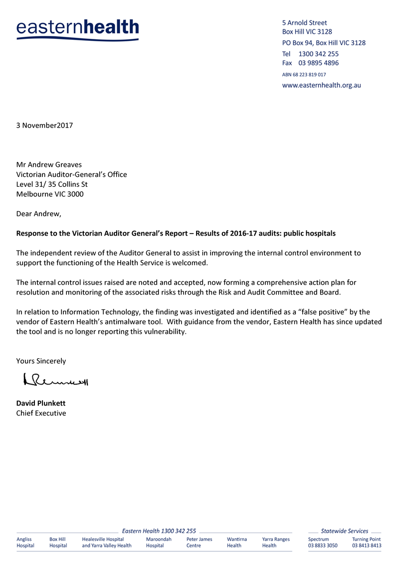 RESPONSE provided by the Chief Executive, Eastern Health