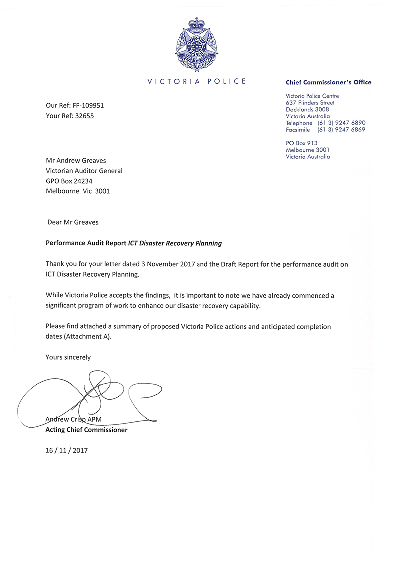 Response provided by the Acting Chief Commissioner, Victoria Police—page 1