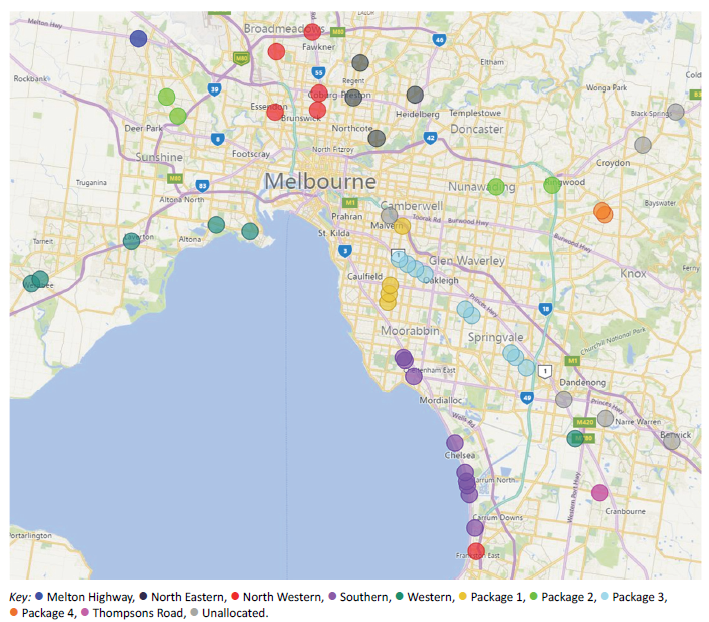 Map showing different Level crossing removal packages