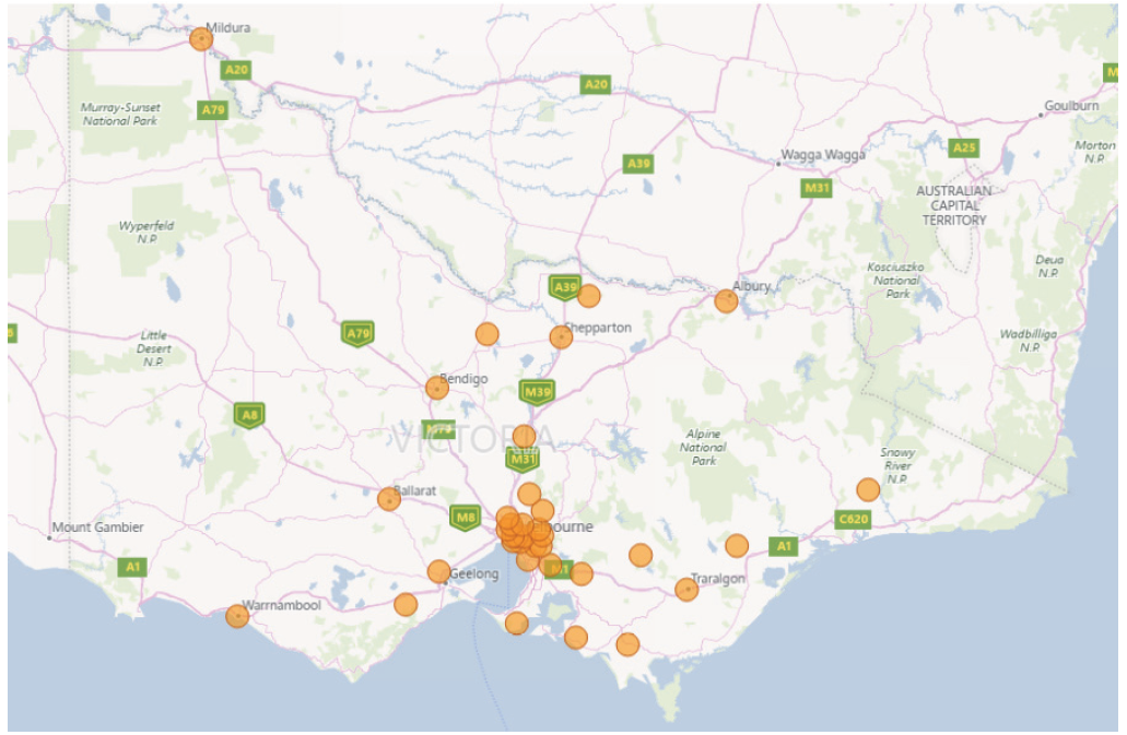 A map showing Victorian urban centres with populations over 25 000 that are not within EPA's monitoring network