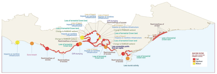 Risk ratings predicted by DELWP for significant coastal assets and areas in 2040 conditions, using current controls