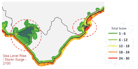 Predicted vulnerability to rising sea levels and increased storm surge by 2100 for the Apollo Bay region of the Great Ocean Road