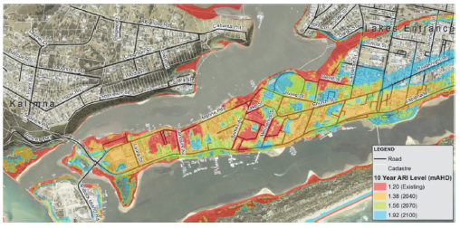 Inundation modelling for Lakes Entrance based on projected sea level rise combined with the scale of flooding experienced on average once every 10 years