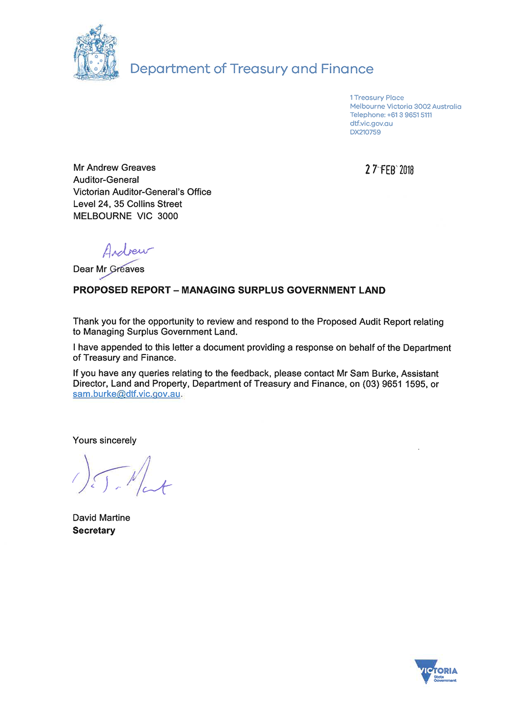 Response from the Secretary, DTF - page 1
